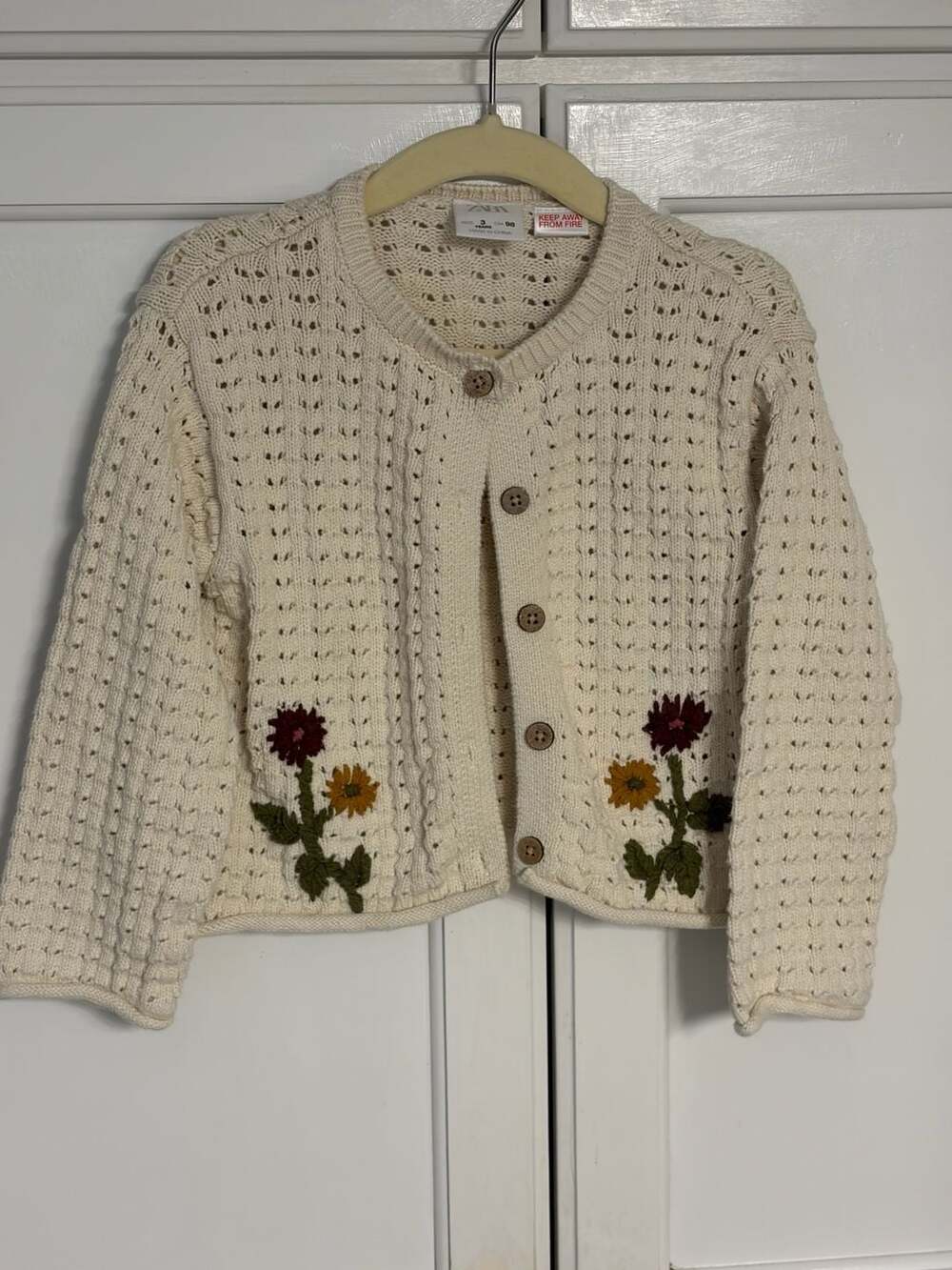 Zara Kids Floral Embroidered Pointelle Knit Cotton Cardigan Size 3Y